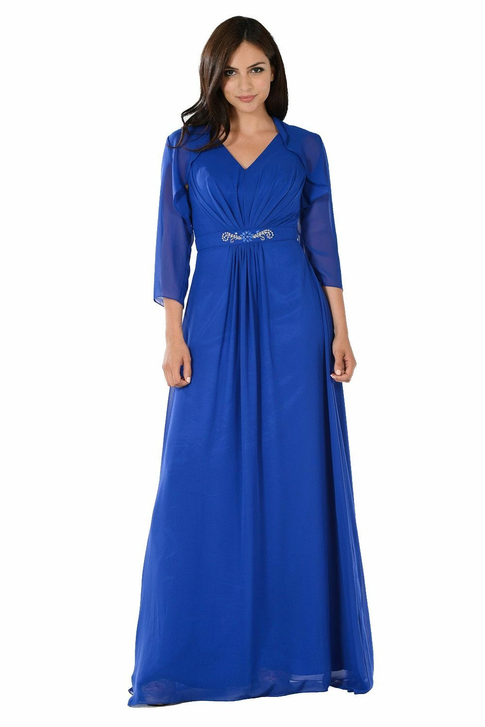 Long Blue V-Neck Dress With Bolero Jacket By Poly USA 3 Long Blue V-Neck Dress With Bolero Jacket By Poly USA