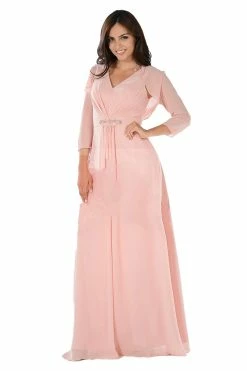 Long Blush V-Neck Dress With Bolero Jacket By Poly USA