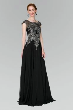 Long Cap Sleeve Dress With Lace Applique By Elizabeth K GL2407 -Dresses Shop long cap sleeve dress with lace applique by elizabeth k gl2407 long formal dresses elizabeth k s blacksilver 635031