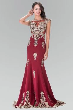 Long Cap Sleeve Illusion Dress With Applique By Elizabeth K GL2233