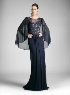 Long Lace Bodice Cape Dress By Cinderella Divine OC0001 -Dresses Shop long cape dress with lace bodice by cinderella divine oc0001 long formal dresses cinderella divine 6 navy 108072