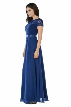 Long Champagne Dress With Short-Sleeved Lace Bodice By Poly USA -Dresses Shop long champagne dress with short sleeved lace bodice by poly usa long formal dresses poly usa 269774