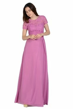 Long Champagne Dress With Short-Sleeved Lace Bodice By Poly USA -Dresses Shop long champagne dress with short sleeved lace bodice by poly usa long formal dresses poly usa xs orchid 206380
