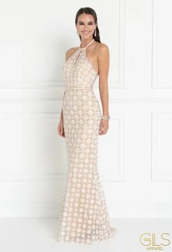 Long Champagne Halter Floral Print Dress By Elizabeth K GL1548