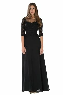 Long Chiffon Dress With Sheer Lace Sleeves By Poly USA 7598 -Dresses Shop long chiffon dress with sheer lace sleeves by poly usa 7598 long formal dresses poly usa s black 748121