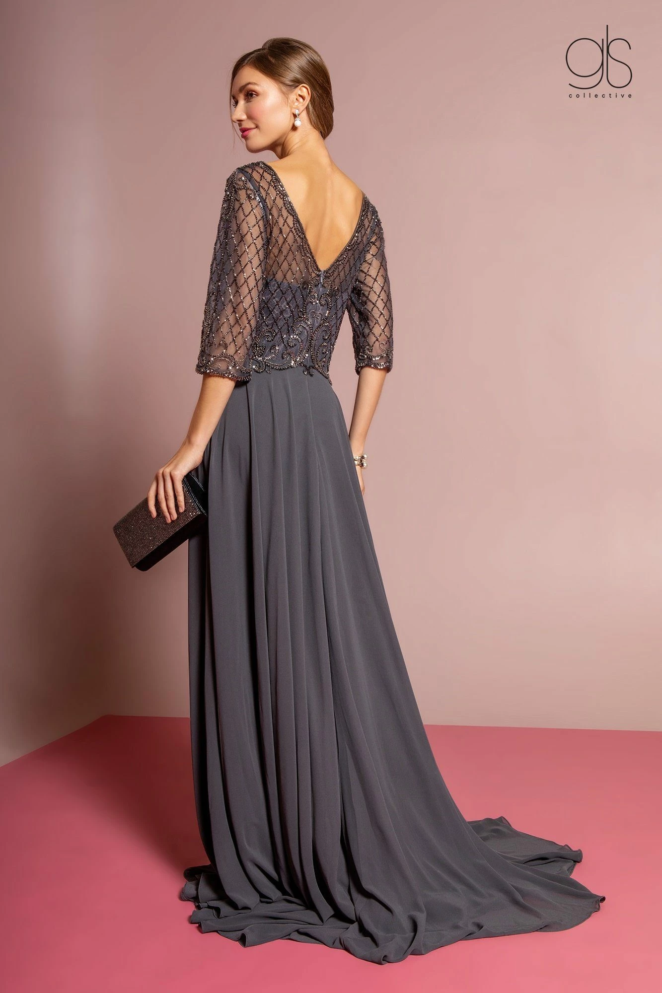 Long Embellished Bodice Dress With Mid Sleeves By GLS Gloria GL2686 4 Long Embellished Bodice Dress With Mid Sleeves By GLS Gloria GL2686 - Image 2