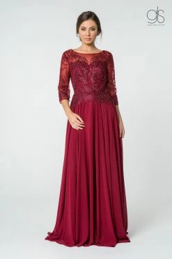 Long Embroidered Bodice Dress With 3/4 Sleeves By Elizabeth K GL2810 -Dresses Shop long embroidered bodice dress with 34 sleeves by elizabeth k gl2810 long formal dresses elizabeth k s burgundy 575490
