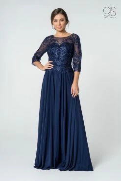 Long Embroidered Bodice Dress With 3/4 Sleeves By Elizabeth K GL2810