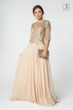Long Embroidered Dress With Mid-Sleeves By Elizabeth K GL2812 -Dresses Shop long embroidered dress with mid sleeves by elizabeth k gl2812 long formal dresses elizabeth k s champagne 572821