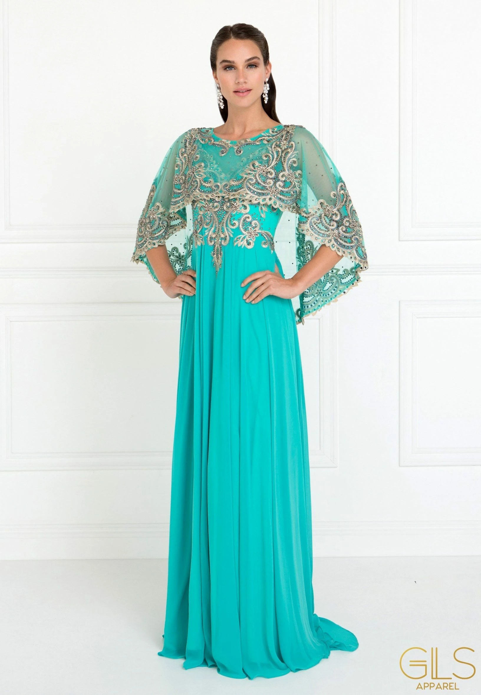 Long Embroidered Green Cape Dress By Elizabeth K GL1527 3 Long Embroidered Green Cape Dress By Elizabeth K GL1527