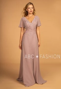 Long Embroidered V-Neck Dress With Short Sleeves By Elizabeth K GL2520