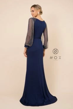 Long Fitted Dress With Beaded Puff Sleeves By Nox Anabel Y410 -Dresses Shop long fitted dress with beaded puff sleeves by nox anabel y410 long formal dresses nox anabel 562800