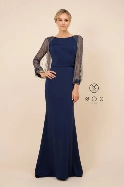 Long Fitted Dress With Beaded Puff Sleeves By Nox Anabel Y410 -Dresses Shop long fitted dress with beaded puff sleeves by nox anabel y410 long formal dresses nox anabel 6 navy 610803