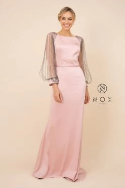 Long Fitted Dress With Beaded Puff Sleeves By Nox Anabel Y410 -Dresses Shop long fitted dress with beaded puff sleeves by nox anabel y410 long formal dresses nox anabel 732649