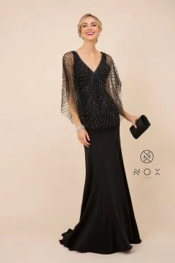 Long Fitted V-Neck Dress With Beaded Cape By Nox Anabel Y531