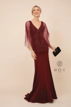 Long Fitted V-Neck Dress With Beaded Cape By Nox Anabel Y531 -Dresses Shop long fitted v neck dress with beaded cape by nox anabel y531 long formal dresses nox anabel 12w burgundy 801566