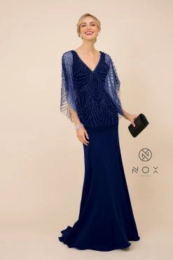 Long Fitted V-Neck Dress With Beaded Cape By Nox Anabel Y531 -Dresses Shop long fitted v neck dress with beaded cape by nox anabel y531 long formal dresses nox anabel 12w navy blue 780414
