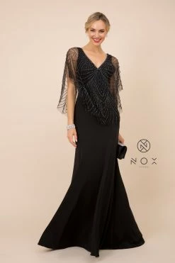 Long Fitted V-Neck Dress With Beaded Cape By Nox Anabel Y531 -Dresses Shop long fitted v neck dress with beaded cape by nox anabel y531 long formal dresses nox anabel 418695