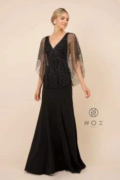 Long Fitted V-Neck Dress With Beaded Cape By Nox Anabel Y531 -Dresses Shop long fitted v neck dress with beaded cape by nox anabel y531 long formal dresses nox anabel 538755