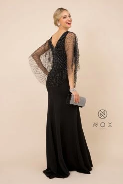 Long Fitted V-Neck Dress With Beaded Cape By Nox Anabel Y531 -Dresses Shop long fitted v neck dress with beaded cape by nox anabel y531 long formal dresses nox anabel 573786