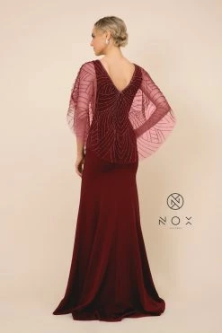 Long Fitted V-Neck Dress With Beaded Cape By Nox Anabel Y531 -Dresses Shop long fitted v neck dress with beaded cape by nox anabel y531 long formal dresses nox anabel 672839