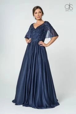 Long Floral Applique Dress With Flutter Sleeves By Elizabeth K GL2830 -Dresses Shop long floral applique dress with flutter sleeves by elizabeth k gl2830 long formal dresses elizabeth k s navy 808569