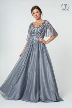 Long Floral Applique Dress With Flutter Sleeves By Elizabeth K GL2830