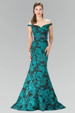Long Green Floral Print Off The Shoulder Dress By Elizabeth K GL2245
