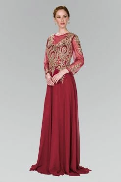 Long Applique Dress With Sleeves By Elizabeth K GL1368 -Dresses Shop long lace applique dress with sheer sleeves by elizabeth k gl1368 long formal dresses elizabeth k s burgundy 196932