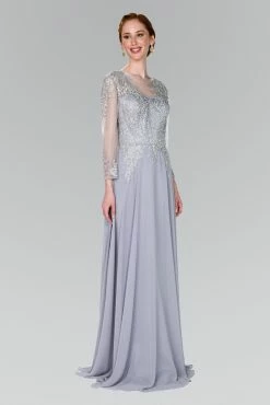 Long Applique Dress With Sleeves By Elizabeth K GL1368 -Dresses Shop long lace applique dress with sheer sleeves by elizabeth k gl1368 long formal dresses elizabeth k s silver 181566