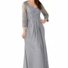 Long Lace Applique Pleated Dress With Sleeves By Poly USA -Dresses Shop long lace applique pleated dress with sleeves by poly usa long formal dresses poly usa s gray 496909