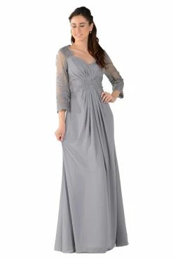 Long Lace Applique Pleated Dress With Sleeves By Poly USA
