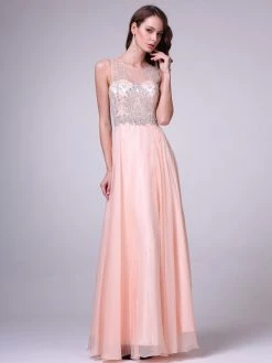 Long Lace Applique Illusion Dress By Cinderella Divine 56 -Dresses Shop long lace appliqued dress with sheer bodice by cinderella divine 56 long formal dresses cinderella divine 4 peach 107534