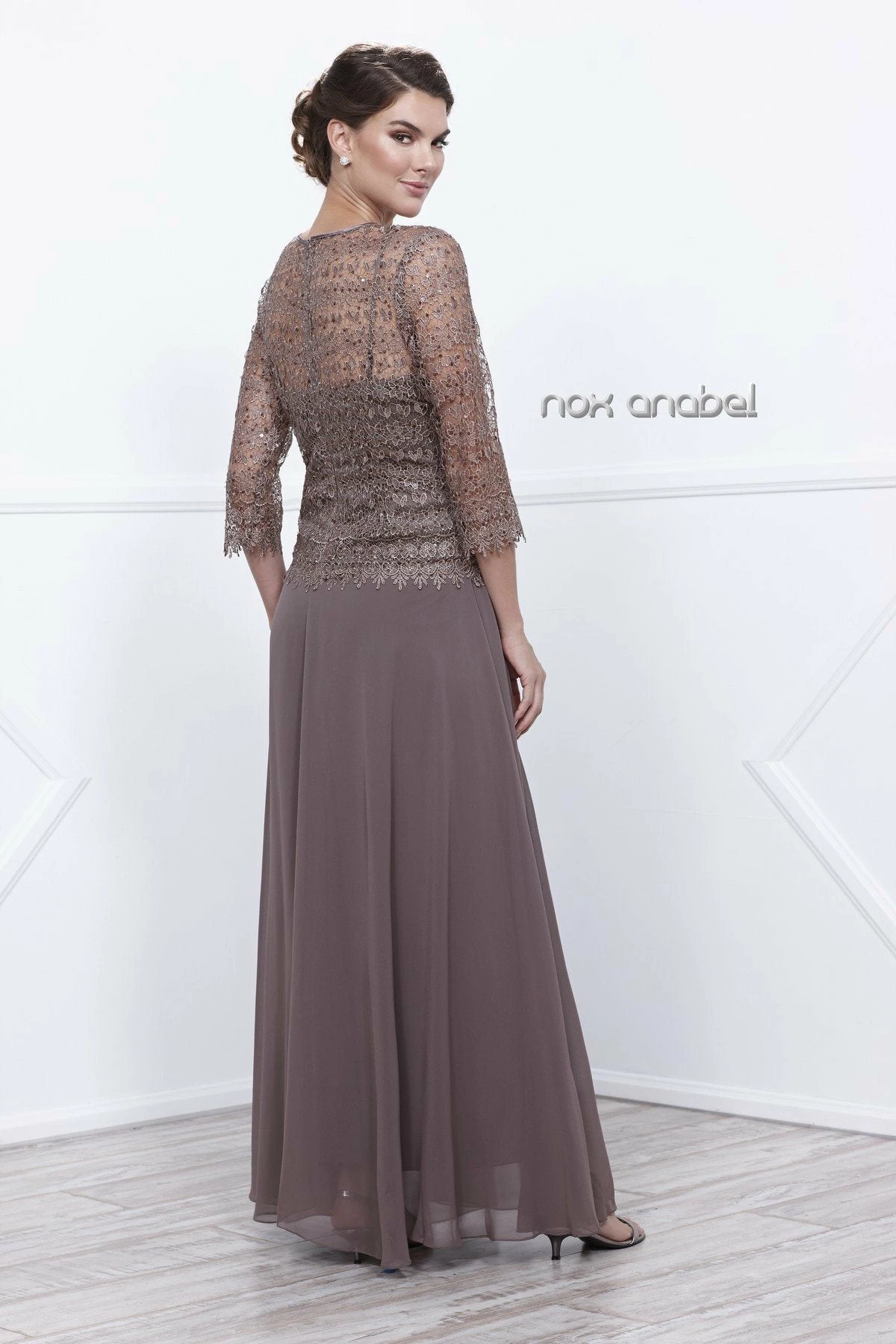 Long Lace Bodice Dress With 3/4 Sleeves By Nox Anabel 5083 8 Long Lace Bodice Dress With 3/4 Sleeves By Nox Anabel 5083 - Image 6