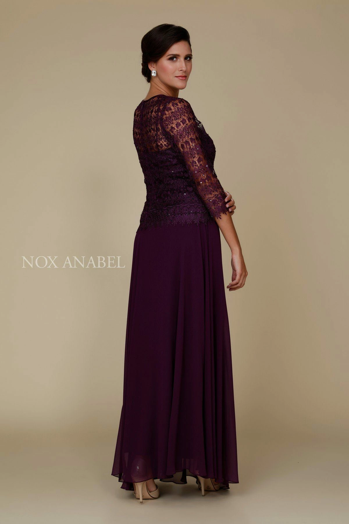 Long Lace Bodice Dress With 3/4 Sleeves By Nox Anabel 5083 6 Long Lace Bodice Dress With 3/4 Sleeves By Nox Anabel 5083 - Image 4