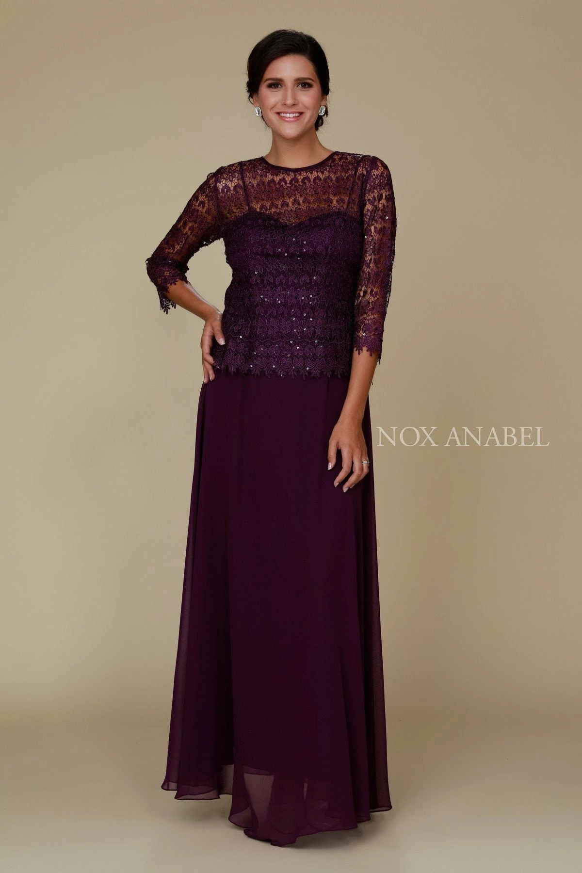 Long Lace Bodice Dress With 3/4 Sleeves By Nox Anabel 5083 5 Long Lace Bodice Dress With 3/4 Sleeves By Nox Anabel 5083 - Image 3