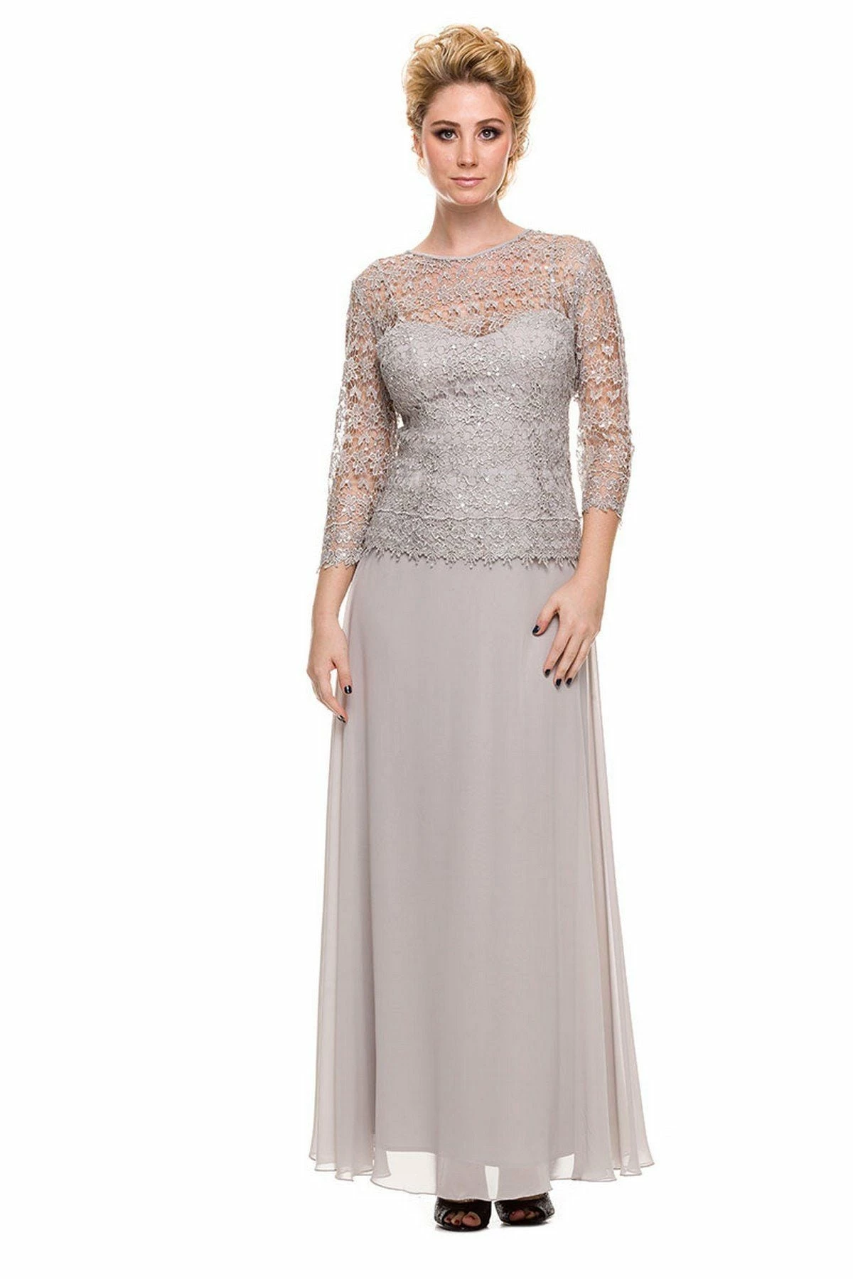 Long Lace Bodice Dress With 3/4 Sleeves By Nox Anabel 5083 9 Long Lace Bodice Dress With 3/4 Sleeves By Nox Anabel 5083 - Image 7