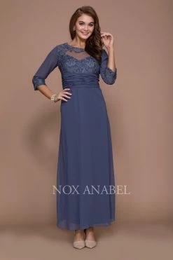 Long Lace Bodice Illusion Dress With 3/4 Sleeves By Nox Anabel 5101 -Dresses Shop long lace bodice illusion dress with 34 sleeves by nox anabel 5101 long formal dresses nox anabel 646415
