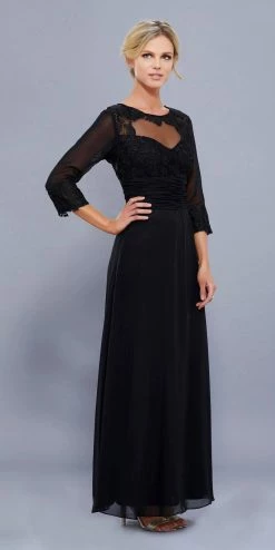 Long Lace Bodice Illusion Dress With 3/4 Sleeves By Nox Anabel 5101 -Dresses Shop long lace bodice illusion dress with 34 sleeves by nox anabel 5101 long formal dresses nox anabel m black 369434