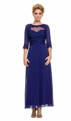 Long Lace Bodice Illusion Dress With 3/4 Sleeves By Nox Anabel 5101 -Dresses Shop long lace bodice illusion dress with 34 sleeves by nox anabel 5101 long formal dresses nox anabel m royal blue 269334