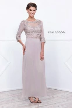 Long Lace Bodice Illusion Dress With 3/4 Sleeves By Nox Anabel 5101 -Dresses Shop long lace bodice illusion dress with 34 sleeves by nox anabel 5101 long formal dresses nox anabel m sand 269775