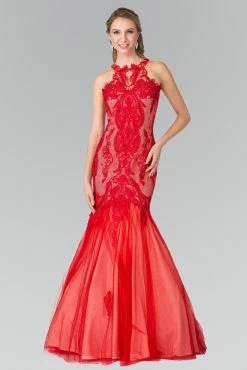 Long Lace Halter Mermaid Dress By Elizabeth K GL2219 -Dresses Shop long lace halter mermaid dress by elizabeth k gl2219 long formal dresses elizabeth k xs red 254972