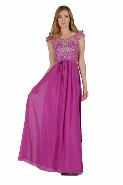 Jeweled Long Chiffon Cap Sleeve Dress By Poly USA 7122