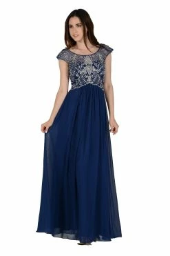 Jeweled Long Chiffon Cap Sleeve Dress By Poly USA 7122 -Dresses Shop long magenta cap sleeve dress with jeweled bodice by poly usa long formal dresses poly usa xs navy 340180