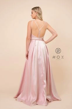 Long Metallic Dress With Illusion Neckline By Nox Anabel M271 -Dresses Shop long metallic dress with illusion neckline by nox anabel m271 long formal dresses nox anabel 630066