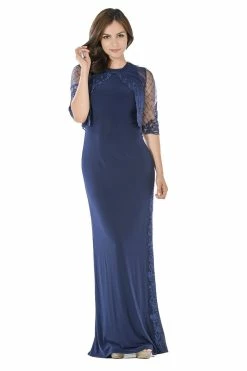 Long Navy Dress With Embellished Bolero Jacket By Poly USA