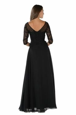 Long Navy Dress With Illusion Lace Sleeves By Poly USA -Dresses Shop long navy dress with illusion lace sleeves by poly usa long formal dresses poly usa 494242