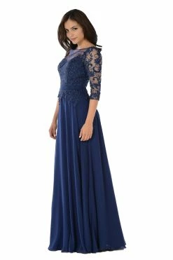 Long Navy Dress With Illusion Lace Sleeves By Poly USA