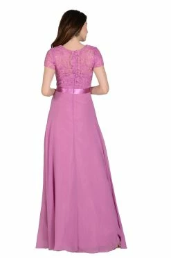 Long Navy Dress With Short-Sleeved Lace Bodice By Poly USA -Dresses Shop long navy dress with short sleeved lace bodice by poly usa long formal dresses poly usa 256778