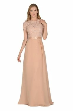 Long Navy Dress With Short-Sleeved Lace Bodice By Poly USA -Dresses Shop long navy dress with short sleeved lace bodice by poly usa long formal dresses poly usa xs champagne 882761